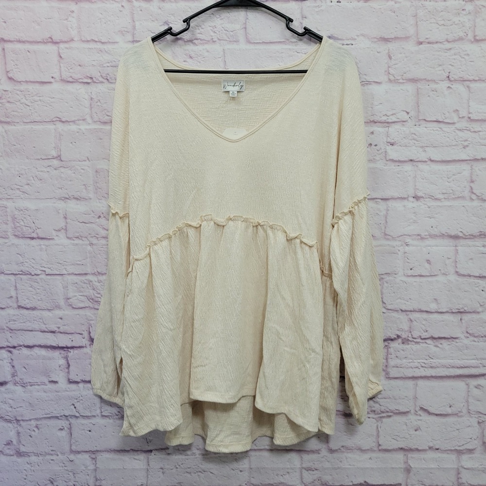 NEW Wonderly Boho Textured Babydoll Blouse XL Hemp Beige Boho Coquette Peasant